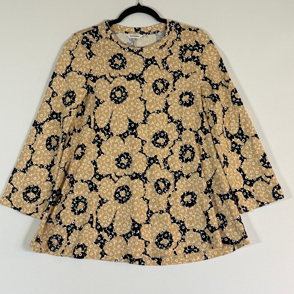 Marimekko Womens XXS Top Tan Beige Black Floral Tahto Unikot Scandi Euro Artsy